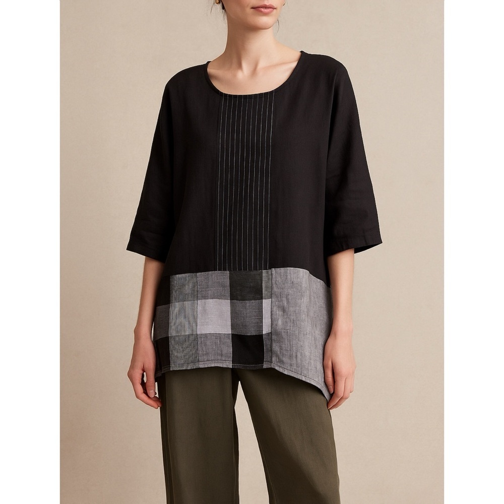 Christopher Calvin Linen Patchwork Tunic Top Black Gray Art to Wear Lagenlook L